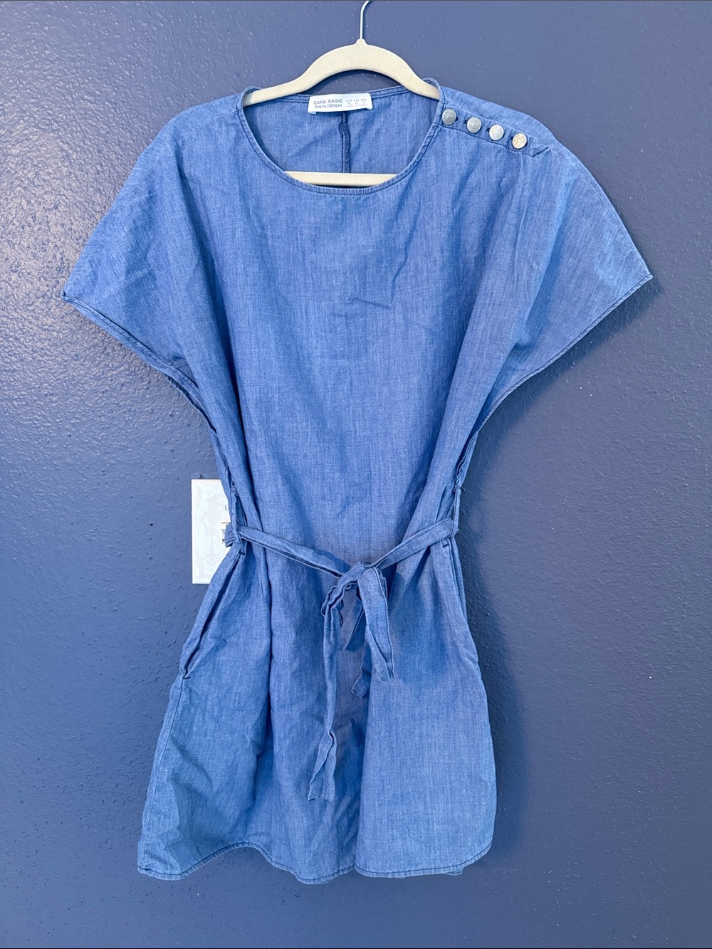 Zara Blue Denim-Style Mini Dress with Waist Tie